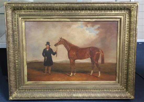 Mid 19th century School Racehorse and groom in a landscape 19.25 x 29.5in.